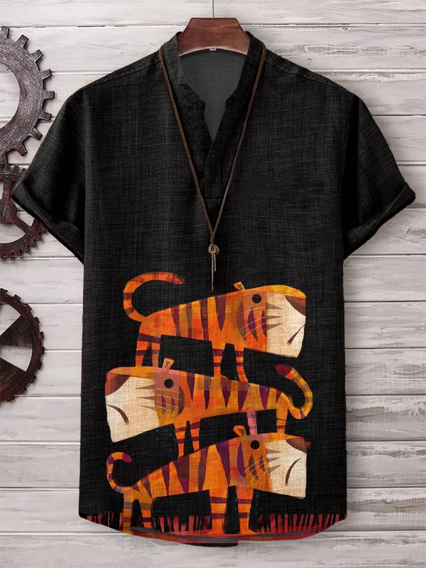 Men's Cute Abstract Tiger Art Print Casual V Neck T-Shirt