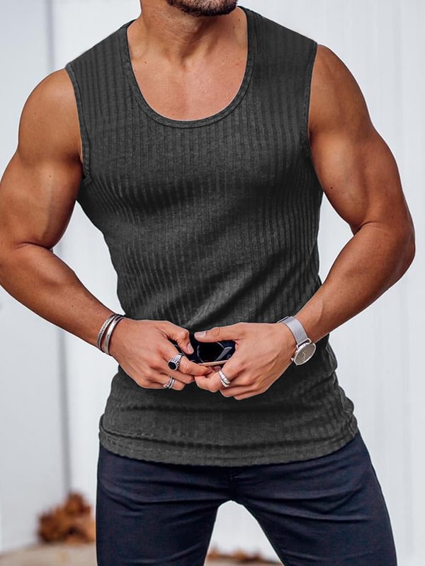 Men's Plain Ribbed Knit Slim Fit Casual Tank Top