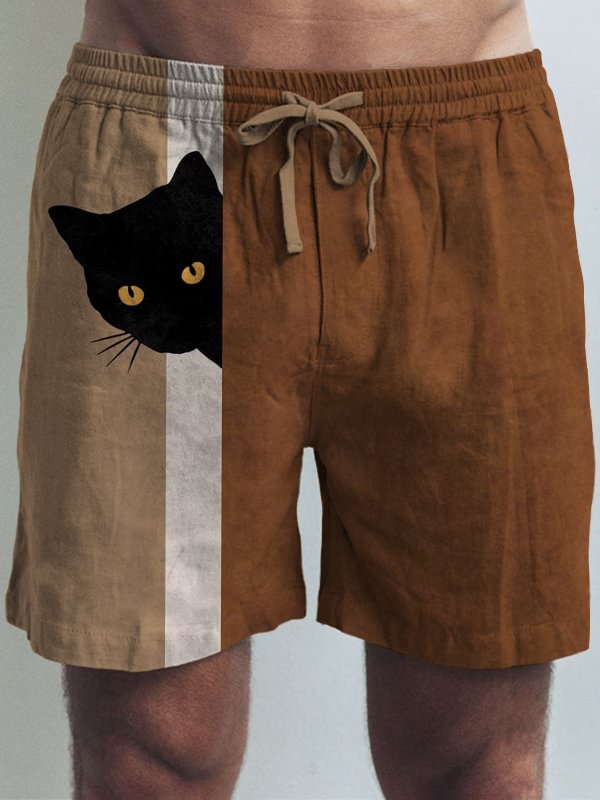Men's Fun Hide And Seek Black Cat Print Casual Shorts