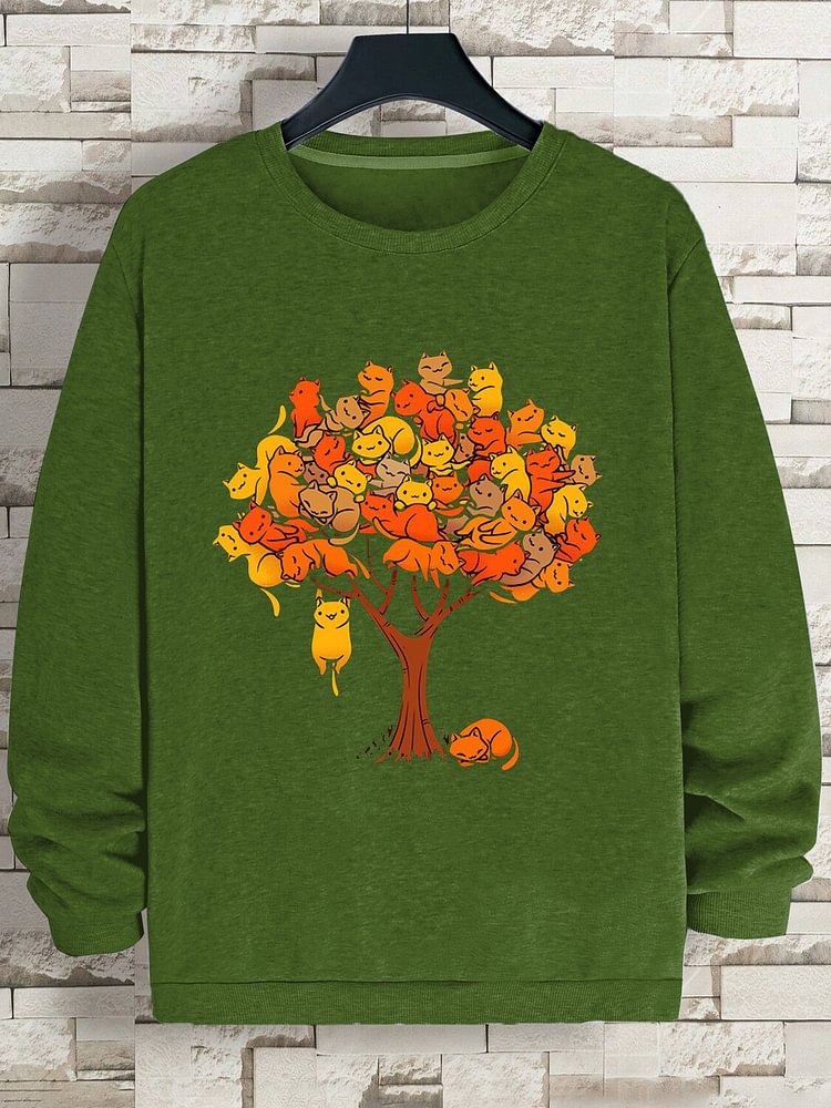 Men's A Group Of Cats On The Tree Print Cotton Casual Sweatshirt