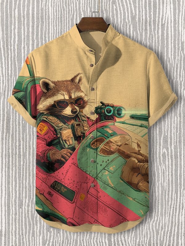 Men's Cat And Dinosaur Fantasy Art Print Casual Shirt
