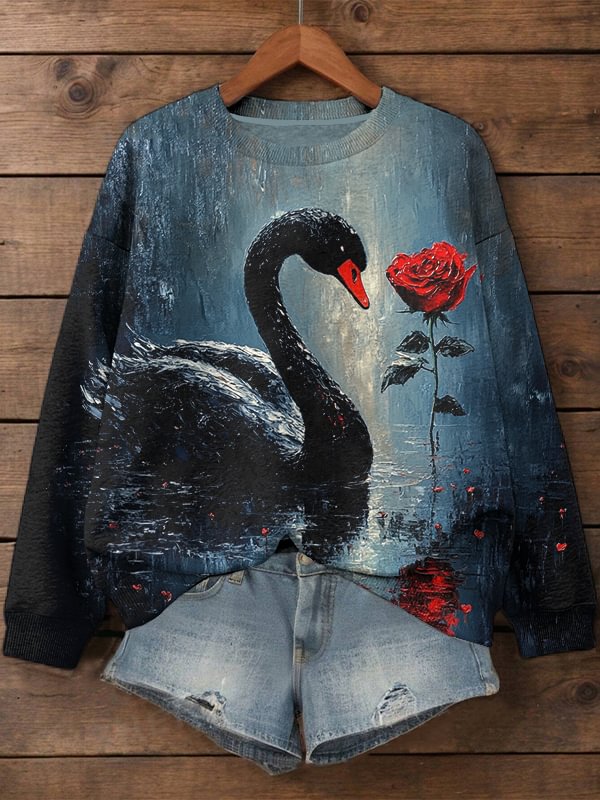 Women's Black Swan and Rose Oil Painting Print Casual Sweatshirt