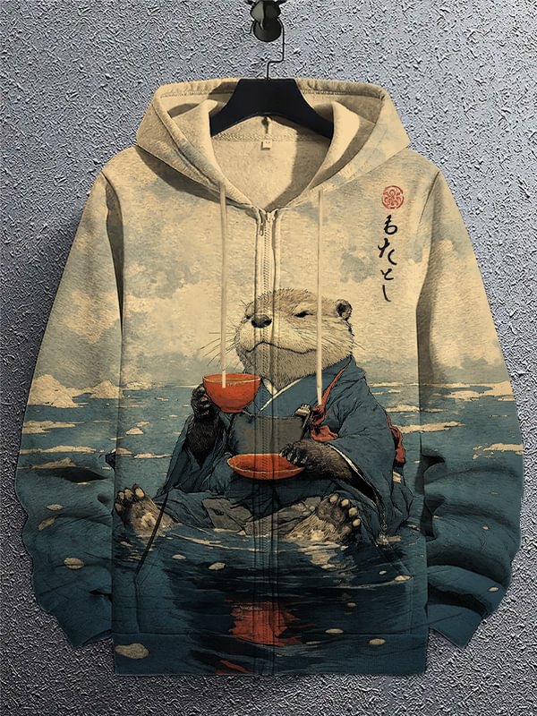 Men's River Kimono Otter Tasting Tea Japanese Art Print Hooded Zip Up Jacket