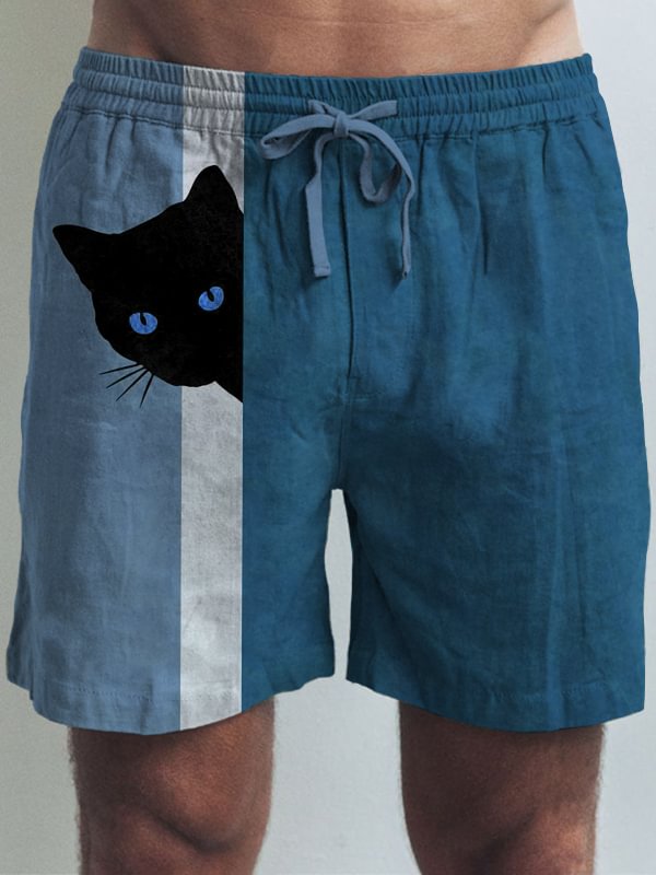 Men's Fun Hide And Seek Black Cat Print Casual Shorts