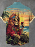 Men's Cool Lion Reggae Soul Drinking Wine Vacation Art Print Casual Shirt