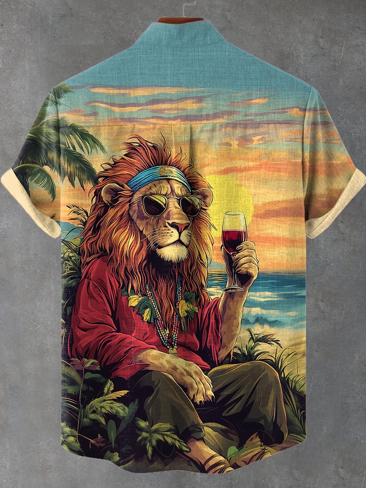 Men's Cool Lion Reggae Soul Drinking Wine Vacation Art Print Casual Shirt