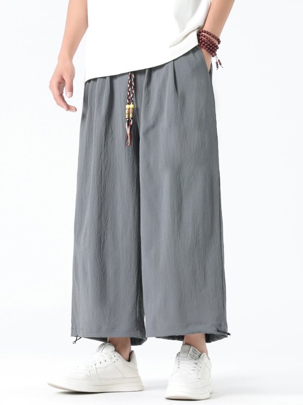 Men's Plain Loose Wide Leg Drawstring Waist Casual Cropped Pants