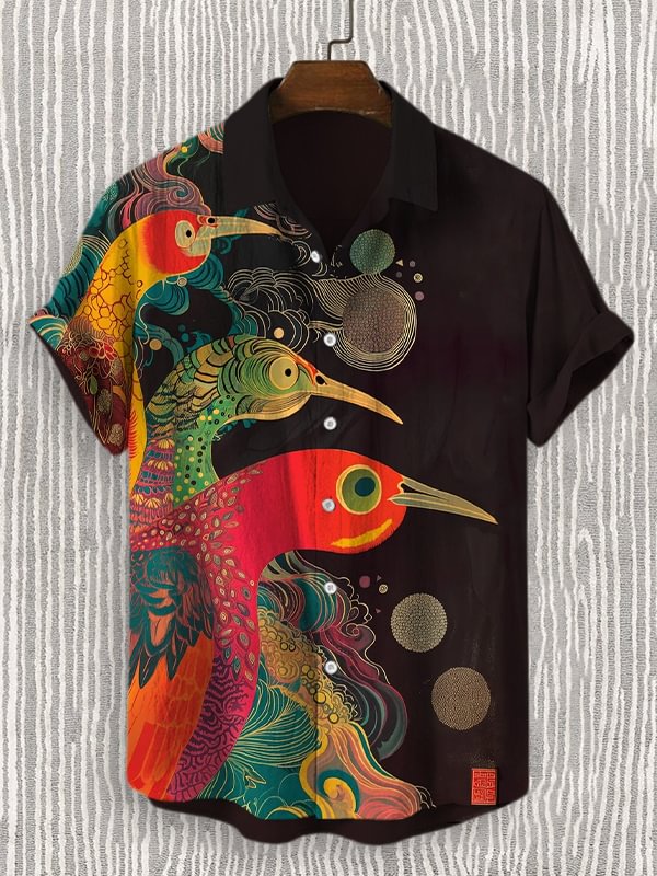 Men's Colorful Birds Art Print Linen Blend Shirt