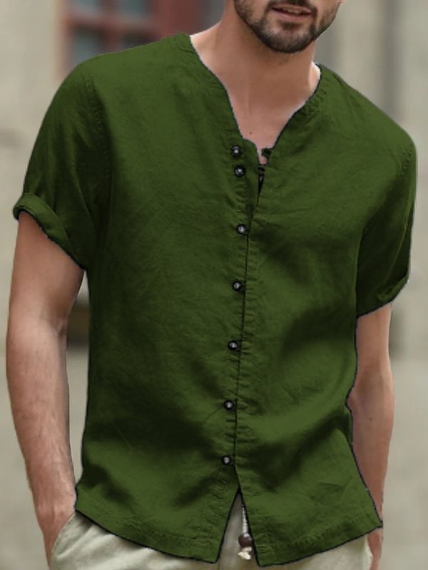 Men's Casual Button V Neck Short Sleeve Plain Linen Shirt