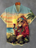 Men's Reggae Soul Lion Drinking Red Wine At The Beach Art Print Shirt