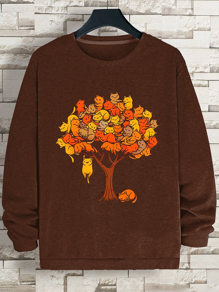 Men's A Group Of Cats On The Tree Print Cotton Casual Sweatshirt