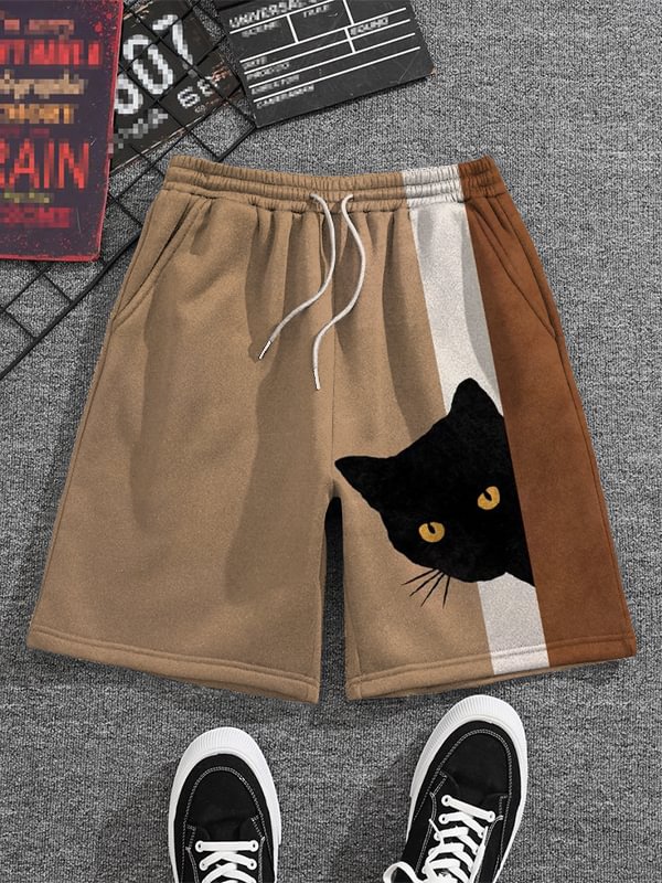 Men's Fun Hide And Seek Black Cat Print Shorts