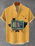 Men's Black Cats TV Illustration Print Short Sleeve Casual Shirt