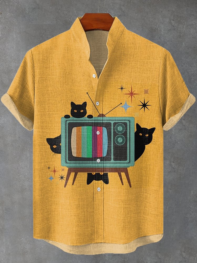 Men's Black Cats TV Illustration Print Short Sleeve Casual Shirt