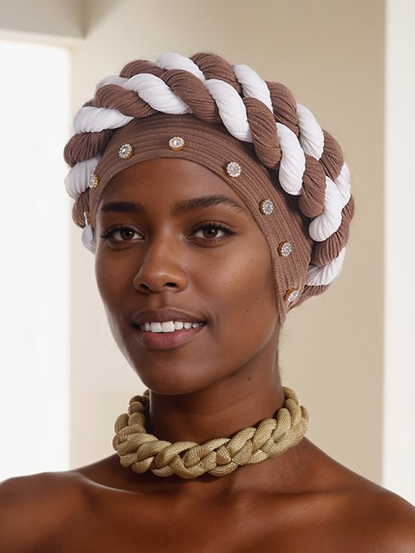 Women's Strip Rhinestone Decor Color Block Braid Turban Hat