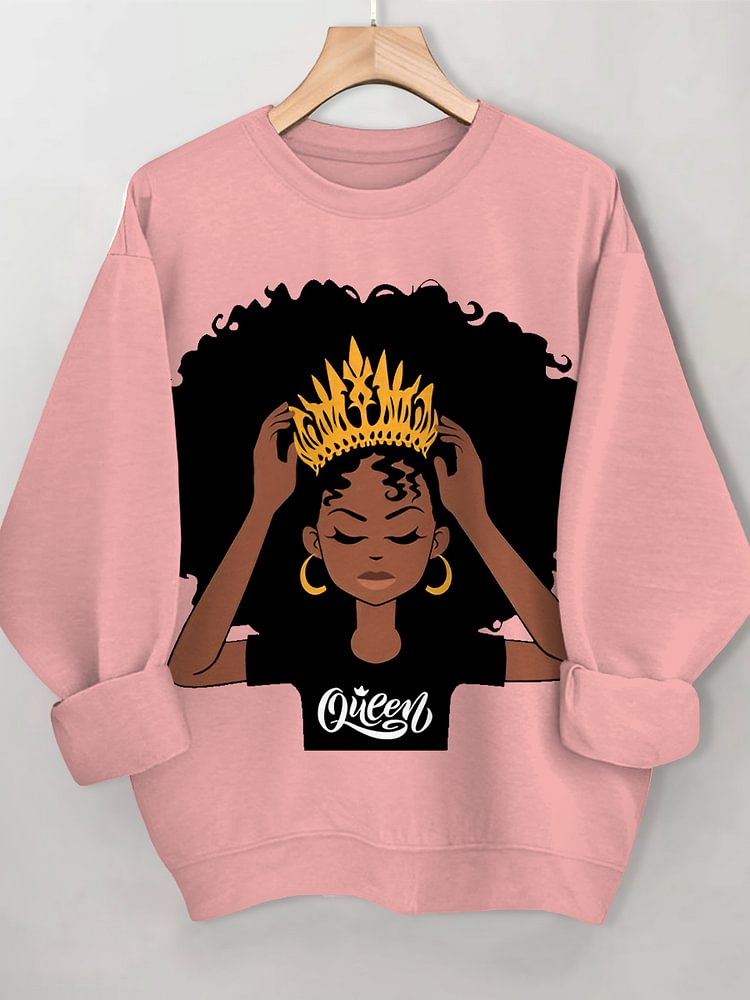 Women's Black Queen Print Cotton Long Sleeve T-Shirt Thin Sweatshirt