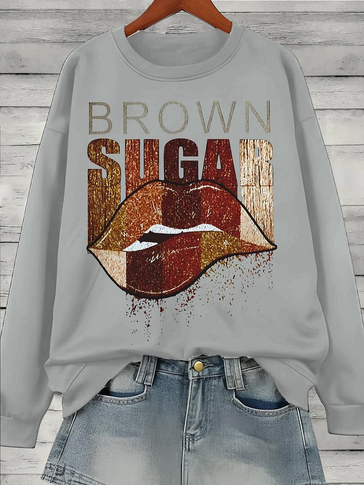 Women's Lip Brown Sugar Art Print Cotton Long Sleeve T-Shirt Thin Sweatshirt