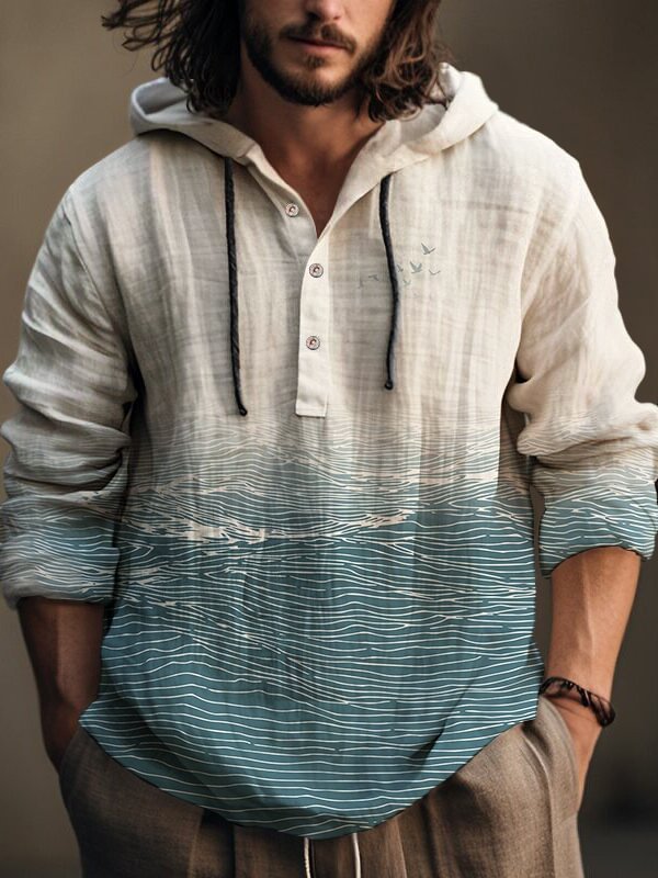 Men's Sea Wave Art Print Casual Hooded Shirt