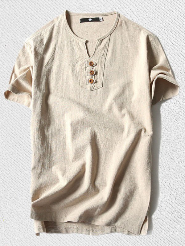 Men's Solid Color Side Slit Loose Short Sleeve Button Shirt
