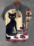 Men's Elegant Black Cat Lady Red Wine Art Print Linen Blend Shirt
