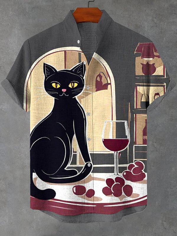 Men's Elegant Black Cat Lady Red Wine Art Print Linen Blend Shirt