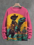 Men's The Fantasy Journey Of Cowboy Black Cat And Dinosaur Print Knit Sweatshirt