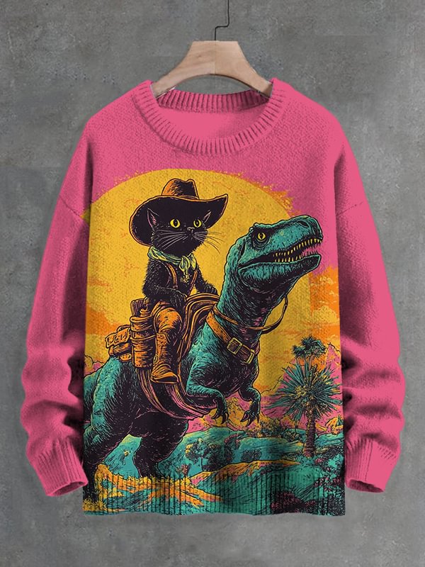 Men's The Fantasy Journey Of Cowboy Black Cat And Dinosaur Print Knit Sweatshirt
