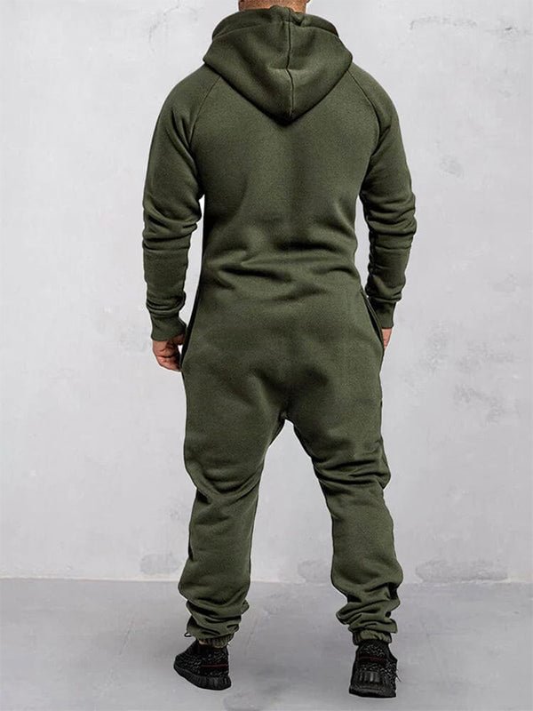 Men's Casual Solid Color Zipper Pocket Fleece Hooded Jumpsuit