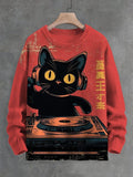 Men's Vintage Cat DJ Art Print Knit Sweatshirt