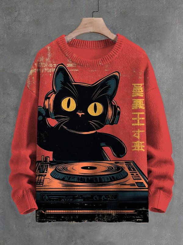Men's Vintage Cat DJ Art Print Knit Sweatshirt