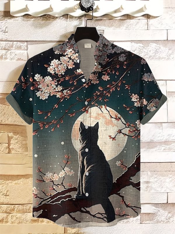 Men's Full Moon Cat Cherry Blossoms Japanese Art Print Shirt