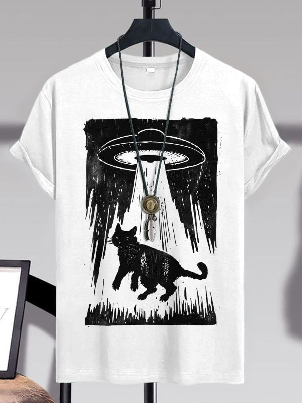 Men's Retro Cat Taken Away By UFO Art Print Cotton Casual T-Shirt