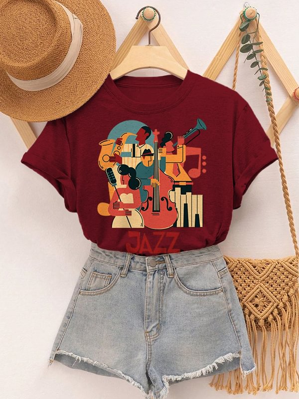Women's Retro Instrumental Music Playing Jazz Print Cotton Casual T-Shirt