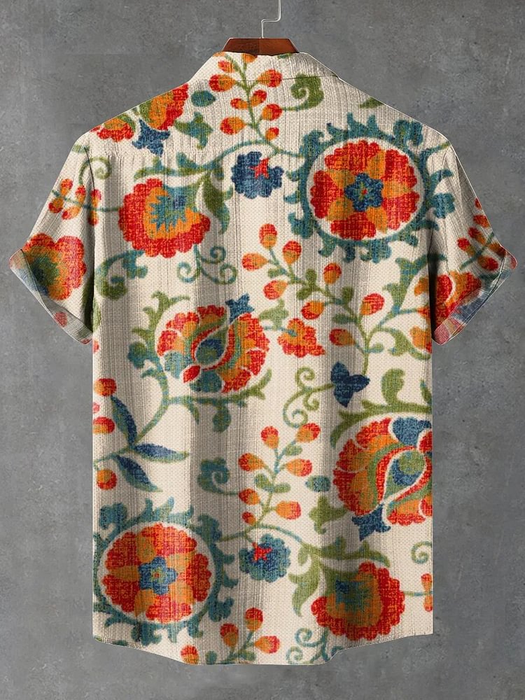 Men's Vintage Floral Art Print Linen Blend Shirt