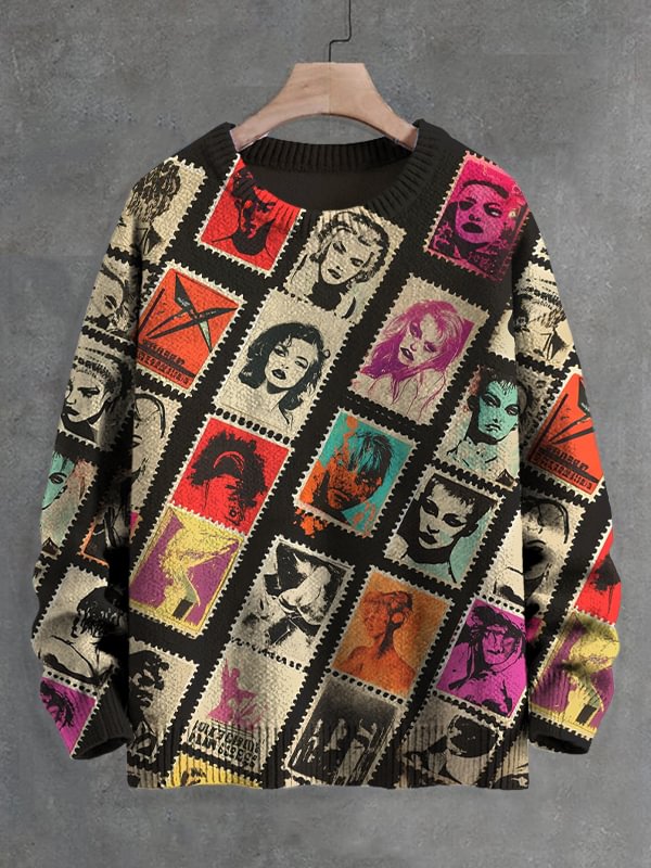 Men's Vintage Punk Personality Portrait Stamp Collage Art Print Knit Sweatshirt