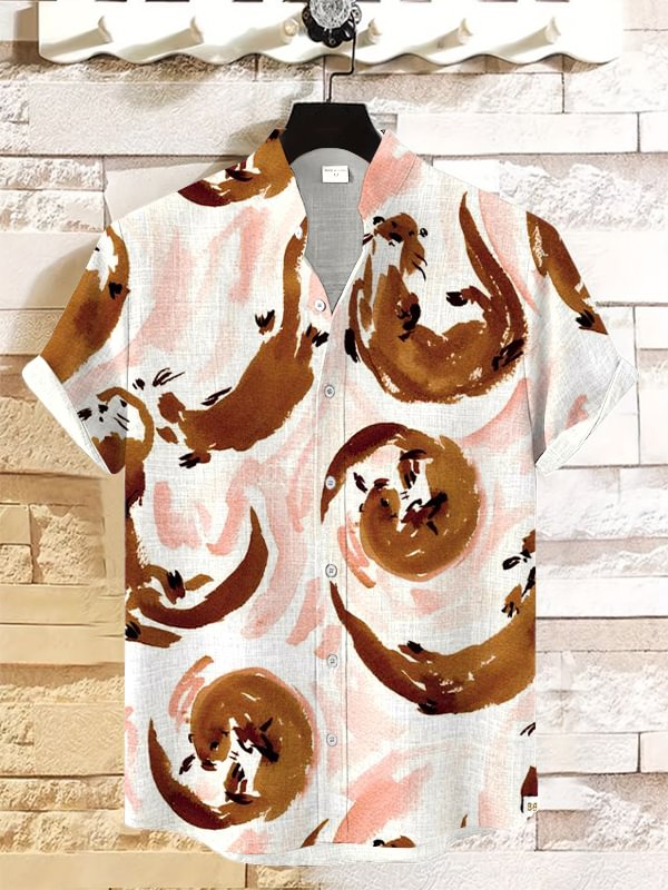 Men's Otter Watercolor Art Print Linen Blend Casual Shirt