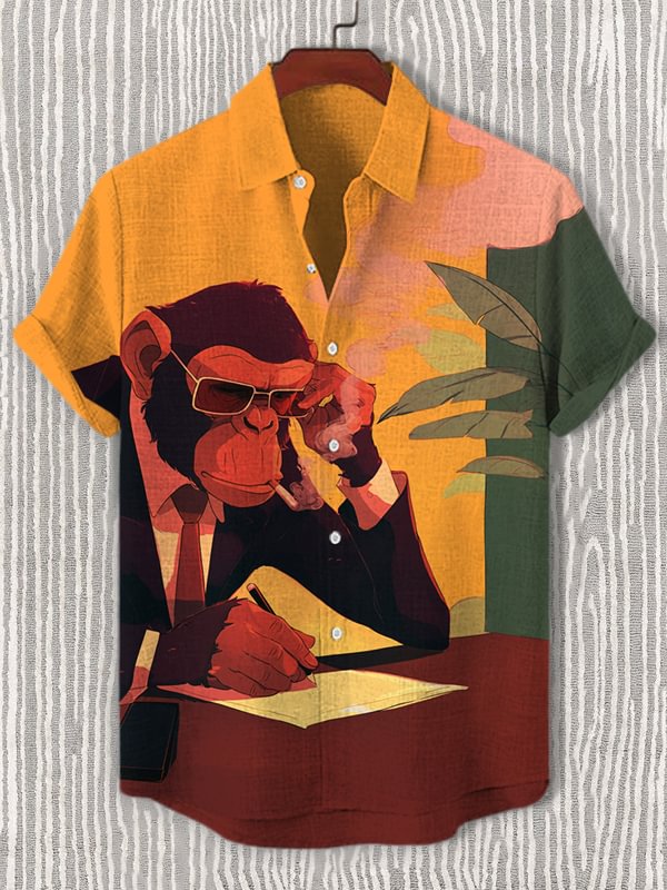 Men's Chimpanzee Working Hard Illustration Print Casual Shirt