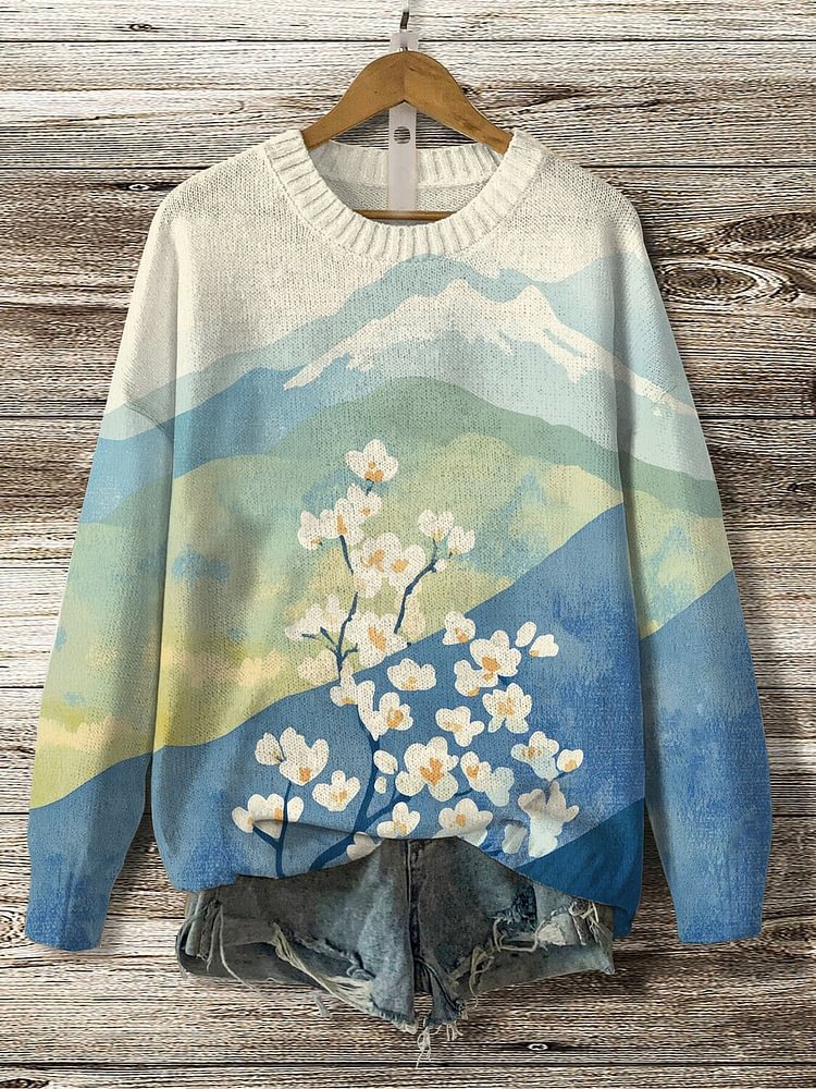 Women's Mountains Flowers Watercolor Art Print Knit Sweatshirt
