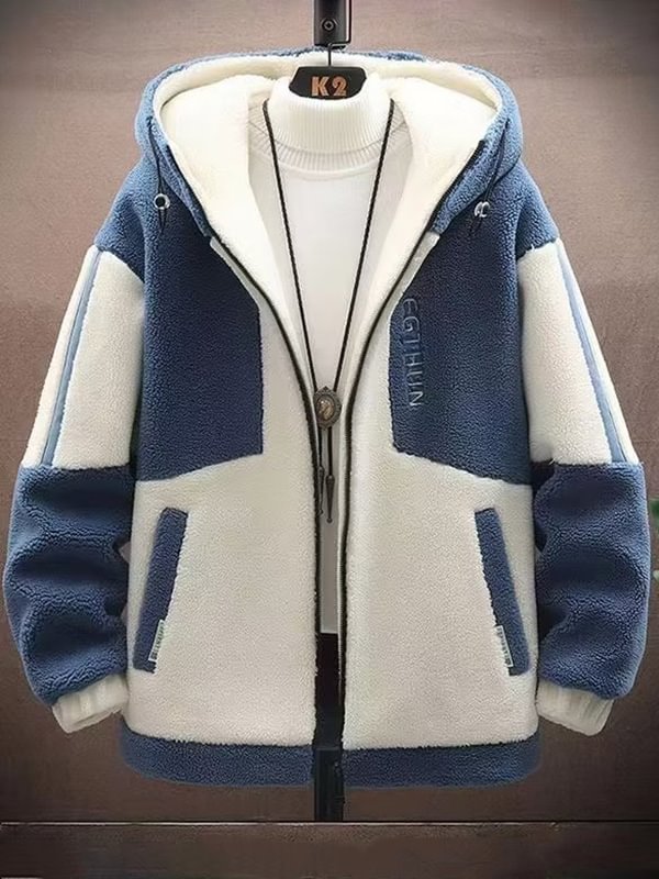 Men's Casual Colorblock Slant Pocket Hooded Zip Up Sherpa Jacket