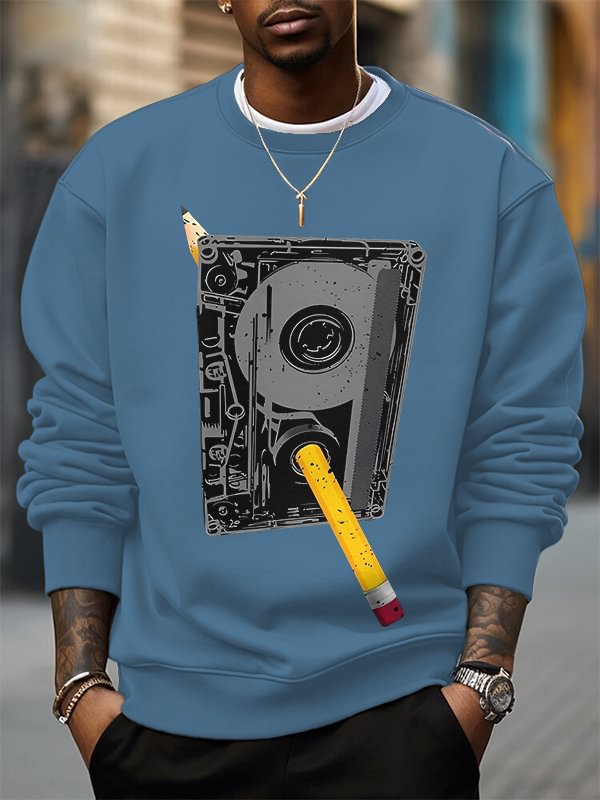 Men's Cassette Tape And Pencil Retro Art Print Cotton Casual Sweatshirt