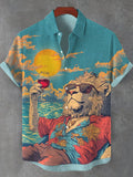 Men's Chillling Sunrise Red Wine Lion Art Print Shirt