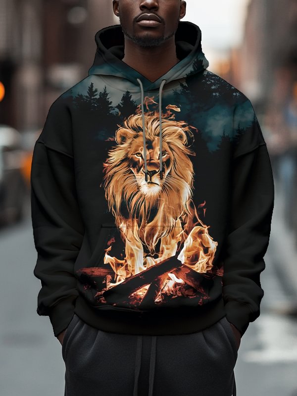 Men's Flame and  Lion Print Print Casual Hoodie