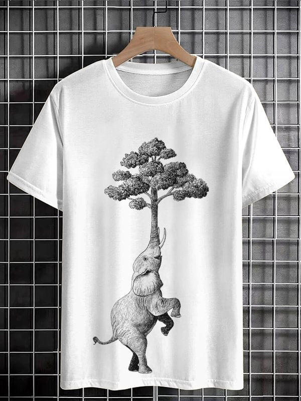 Men's Tree Elephant Art Print Cotton Casual T-Shirt