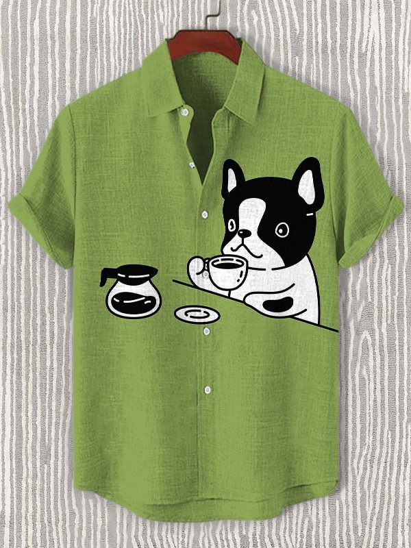 Men's Coffee And Dog Art Print Casual Shirt