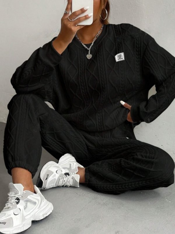 Women's Casual Solid Jacquard Textured Long Sleeve Sweatshirt Pants Matching Set