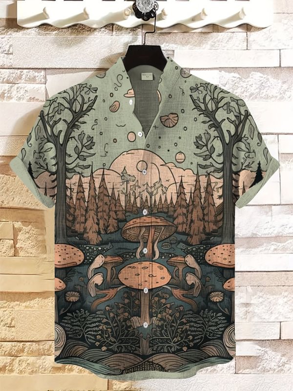 Men's Mushroom Forest Moon Nature Art Print Linen Blend Shirt