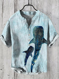 Men's Summer Ocean Dolphin Bronzing Print Half Button Linen Blend Shirt