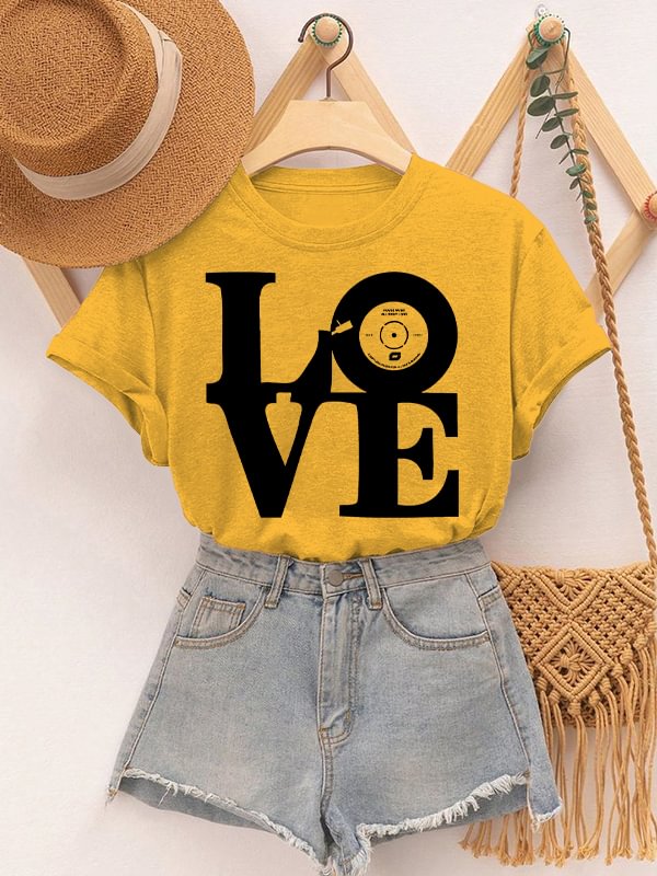 Women's Love Vinyl Record Music Art Print Cotton Casual T-Shirt