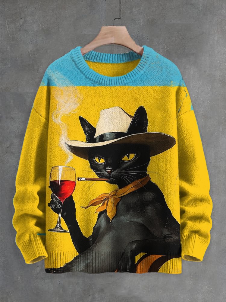 Men's Gentleman Black Cat Enjoying Red Wine Vintage Print Knit Sweatshirt