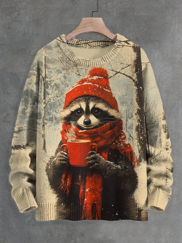Men's Raccoon Drinking Hot Coffee In Winter Art Print Knit Sweatshirt